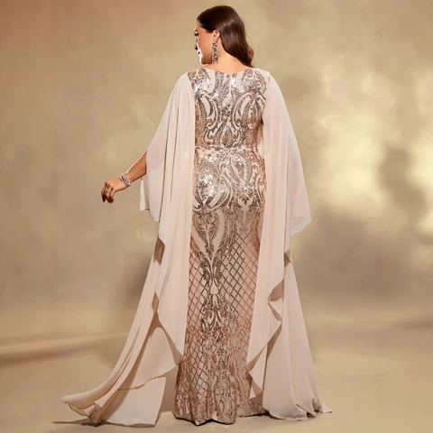 Damen Übergröße Pailletten Abendkleid Elegant V-Ausschnitt Cape-Ärmel Meerjungfrau Chiffon Patchwork Bankett Party Kleid Champagner