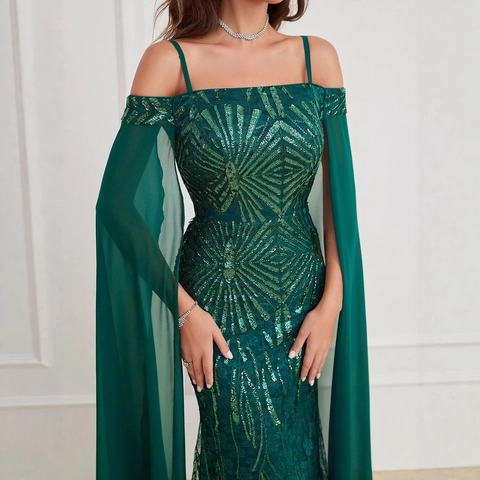 Elegant Off Shoulder Sequin Patchwork Evening Dress With Chiffon Cape Sleeves Luxurious Mermaid Formal Gown For Women