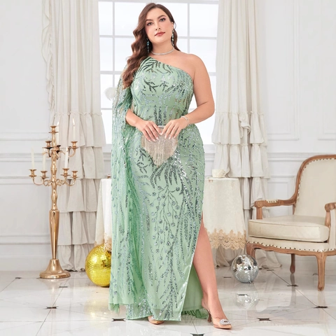 Women Plus Size Sequin One Shoulder Evening Gown Mint Green Asymmetric Cloak Sleeve High Slit Party Banquet Maxi Dress