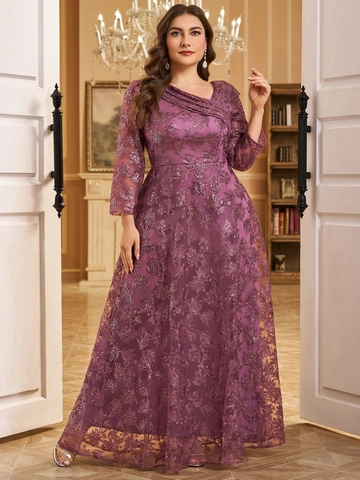 Women Plus Size Purple V Neck Sequin Mesh Embroidery Evening Gown Elegant Long Sleeve A Line Maxi Wedding Party Dress