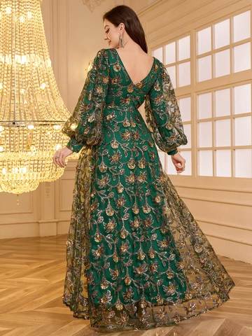 Women Elegant V-Neck Sequin Floral Embroidered Maxi Evening Dress Lantern Long Sleeve Luxury Mesh Party Banquet Ball Gown