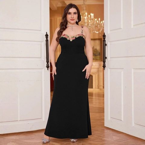 Abito Lungo da Donna Taglie Forti Nero Bodycon Ricamo Floreale Scollo a V Elegante Abito da Sera Formale per Feste