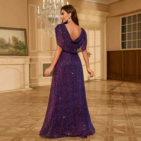 Elegante Abito da Sera con Paillettes Viola per Donna Scollo a V Profondo Vita Alta Lunghezza Maxi Linea A Senza Maniche