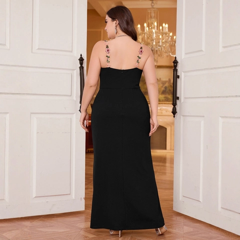 Abito Lungo da Donna Taglie Forti Nero Bodycon Ricamo Floreale Scollo a V Elegante Abito da Sera Formale per Feste