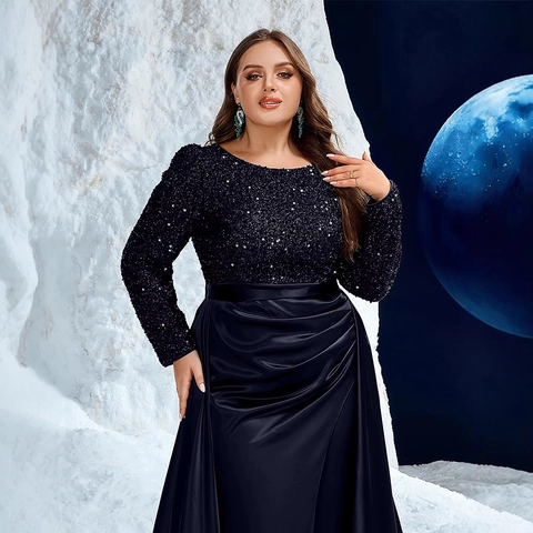 Women Plus Size Sequin Satin Patchwork Formal Evening Gown Round Neck Long Sleeve High Slit Pleated Luxury Party Maxi Dress