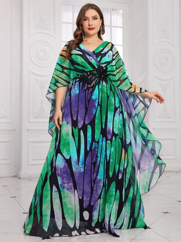 Plus Size Women V Neck Chiffon Maxi Dress Butterfly Print Cape Sleeve Beaded Flower Luxury Elegant Evening Banquet Gown