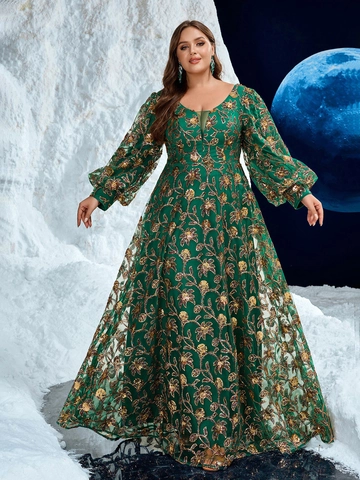 Plus Size Emerald Green Evening Gown For Women Sequin Floral Embroidery V-Neck Lantern Sleeve Elegant Mesh Maxi Dress Party