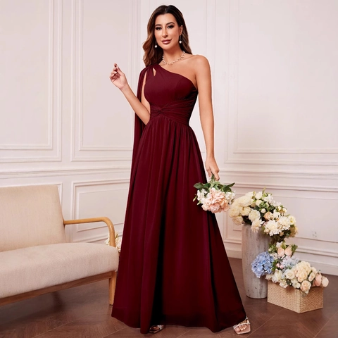 Women Elegant One Shoulder Chiffon Evening Dress Pleated Waist Cape Sleeve Maxi Gown For Wedding Party Formal Gala Prom