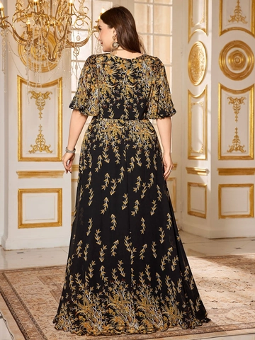 Plus Size Women Elegant Chiffon Maxi Dress Square Neck Puff Sleeve Vintage Botanical Floral Print Black Gold Evening Gown