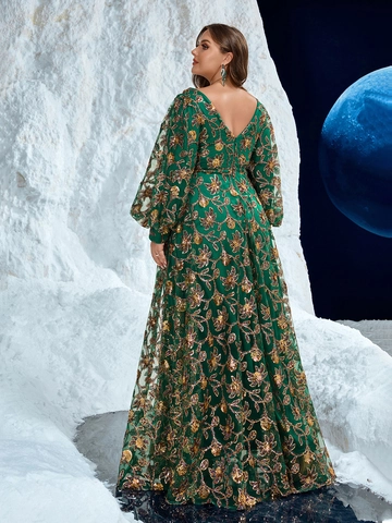 Plus Size Emerald Green Evening Gown For Women Sequin Floral Embroidery V-Neck Lantern Sleeve Elegant Mesh Maxi Dress Party