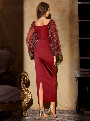 Robe Longue Femme Élégante Bordeaux Col Carré Manches Lanternes Avec Épissage De Paillettes En Maille Fendue Soirée