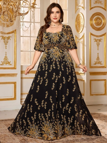 Plus Size Women Elegant Chiffon Maxi Dress Square Neck Puff Sleeve Vintage Botanical Floral Print Black Gold Evening Gown