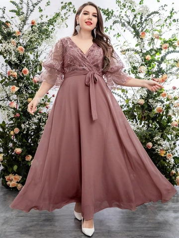 Vestido Maxi de Talla Grande para Mujer Elegante Cuello en V Encaje Bordado Floral Lentejuelas Gasa Con Banda Vestido de Fiesta