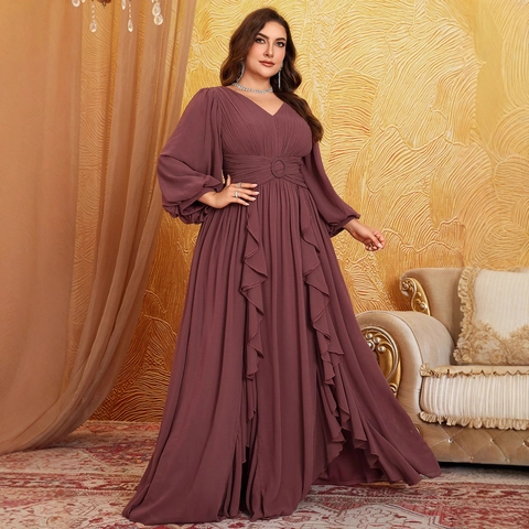 Grote Maat Dames V-Hals Chiffon Maxi Jurk Elegant Lantaarnmouw Ruffle Avondjurk Voor Bruiloft Feest Banket Jurk