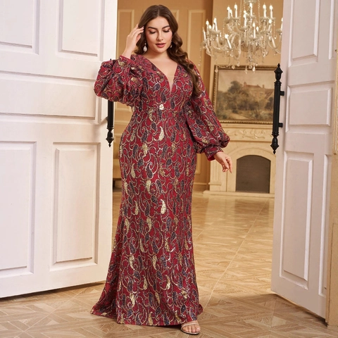 Damen Übergröße Elegant V-Ausschnitt Laternenärmel Pailletten Paisley Stickerei Maxi Abendkleid Luxuriös Langarm Bodenlanges Kleid