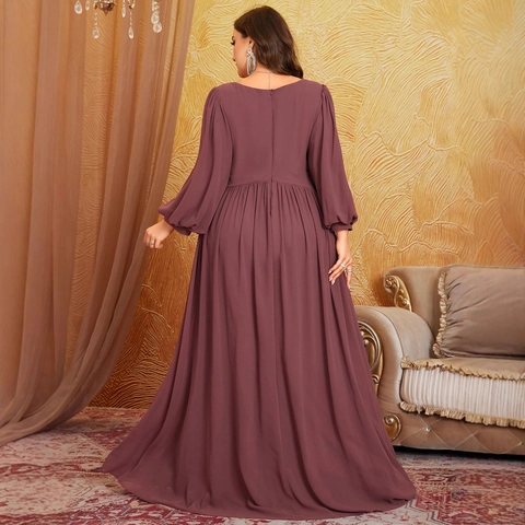 Grote Maat Dames V-Hals Chiffon Maxi Jurk Elegant Lantaarnmouw Ruffle Avondjurk Voor Bruiloft Feest Banket Jurk