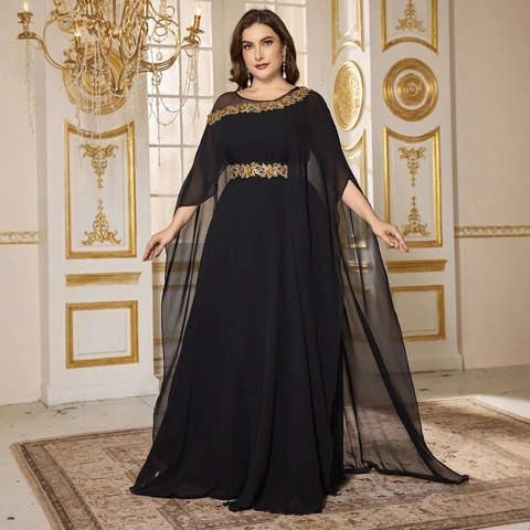 Plus Size Women Elegant Black Chiffon Evening Dress Gold Floral Embroidery Cape Sleeve Banquet Party Abaya Long Robe Gown