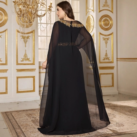 Plus Size Women Elegant Black Chiffon Evening Dress Gold Floral Embroidery Cape Sleeve Banquet Party Abaya Long Robe Gown