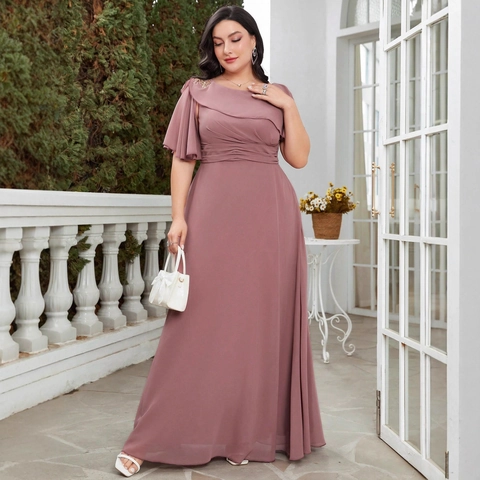 Elegante Grote Maten Chiffon Avondjurk Off-The-Shoulder Ruffle Mouw Geplooid Vloerlengte Formele Galajurk Voor Dames