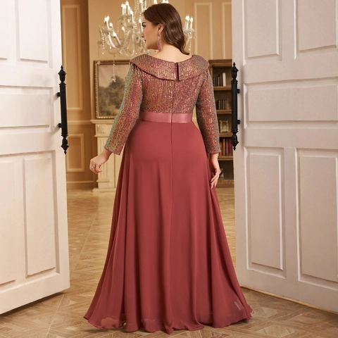Vestido de Noche Largo de Talla Grande para Mujer con Cuello en V Manga Larga Lentejuelas Gasa Elegante Boda Fiesta Gala