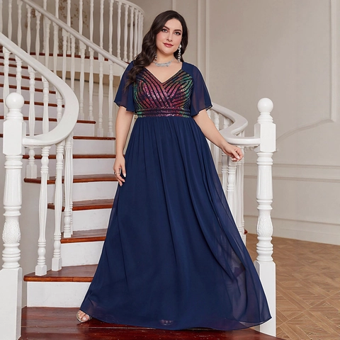 Abito da Sera Navy Blue Taglie Forti Elegante Scollo a V Lustrini Multicolor Patchwork Chiffon Manica a Volant Maxi Matrimonio Festa