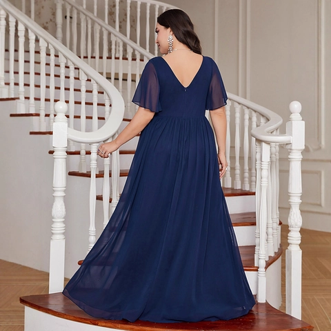 Abito da Sera Navy Blue Taglie Forti Elegante Scollo a V Lustrini Multicolor Patchwork Chiffon Manica a Volant Maxi Matrimonio Festa