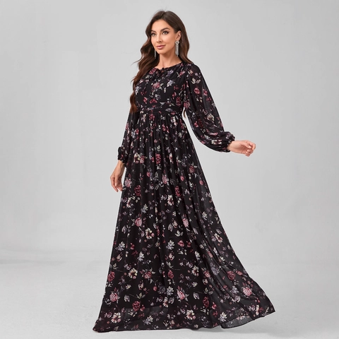 Elegantes Damen Schwarzes Blumen Chiffon Maxikleid Laternen Langarm Rundhals Elastische Taille Rosen Druck Abend Party Kleid