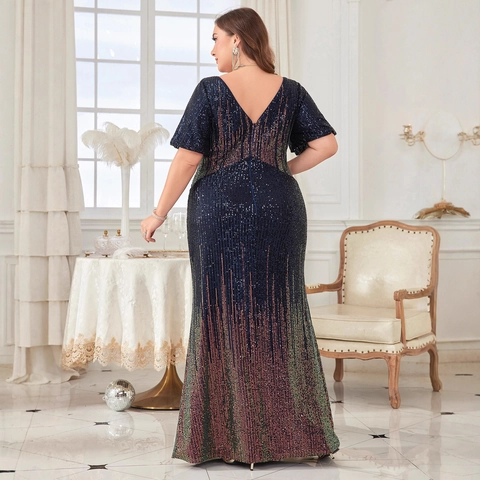 Plus Size Pailletten Abendkleid Elegant Tiefem V-Ausschnitt Verlauf Maxi Party Kleid Für Damen Schlanke Passform Bankett