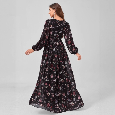 Elegantes Damen Schwarzes Blumen Chiffon Maxikleid Laternen Langarm Rundhals Elastische Taille Rosen Druck Abend Party Kleid