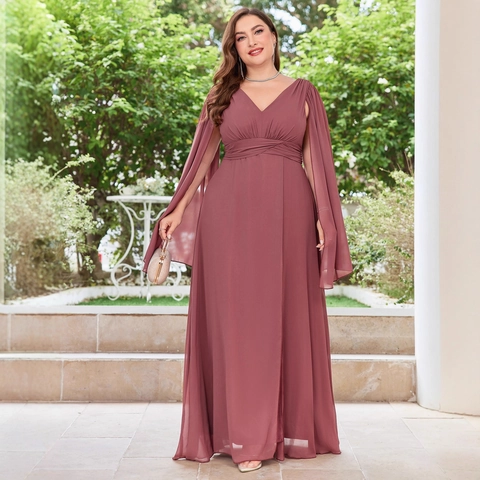 Luxe Avondjurk Grote Maat Elegant met V-hals Cape Mouwen Hoge Split Lange Polyester Jurk voor Dames