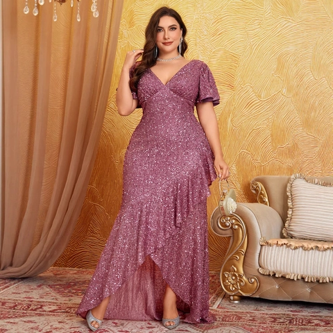 Plus Size Sequin Evening Dress Women V-Neck Flutter Sleeve Ruffle Irregular Hem High Low Banquet Wedding Formal Party Gown