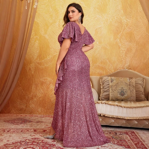 Plus Size Sequin Evening Dress Women V-Neck Flutter Sleeve Ruffle Irregular Hem High Low Banquet Wedding Formal Party Gown