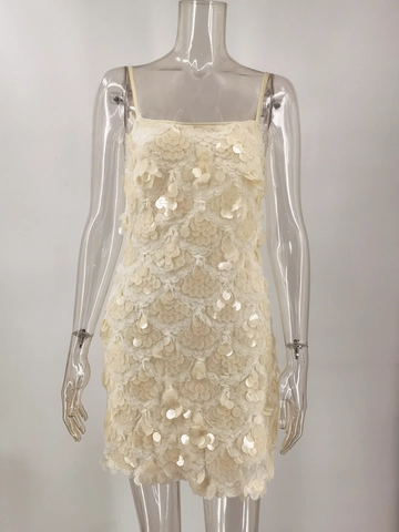 Mini Vestido Sexy de Lentejuelas con Tirantes Finos para Mujer Elegante Vestido de Fiesta Ajustado Color Albaricoque Sólido Sin Mangas