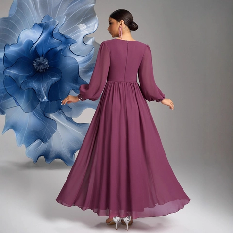 Elegantes Abendkleid mit V-Ausschnitt Plissee Laternenärmeln und Pailletten-Taille Chiffon Maxi Partykleid für Damen Formelles Bankett