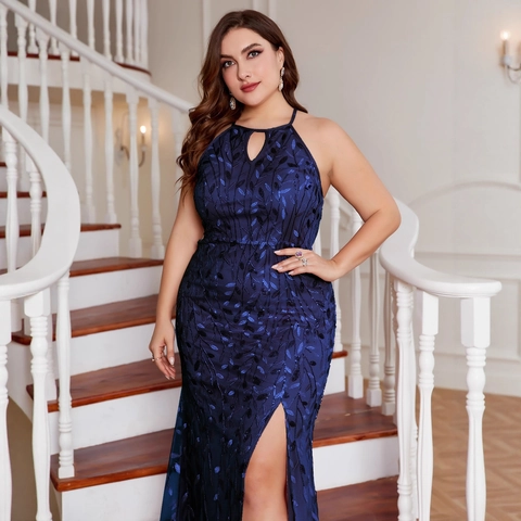 Plus Size Women Halter Sequin Evening Dress Elegant Leaf Embroidery High Slit Mesh Maxi Gown For Wedding Party