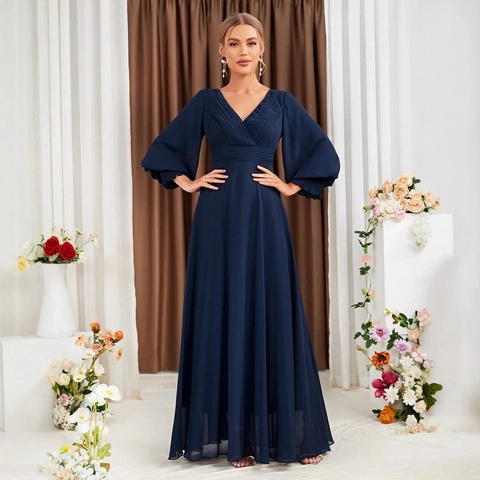 Elegant V Neck Long Lantern Sleeve Maxi Evening Dress Pleated Empire Waist Flowy A Line Wedding Party Gown For Women