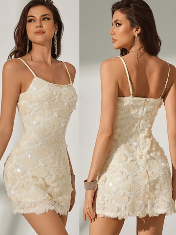 Mini Vestido Sexy de Lentejuelas con Tirantes Finos para Mujer Elegante Vestido de Fiesta Ajustado Color Albaricoque Sólido Sin Mangas