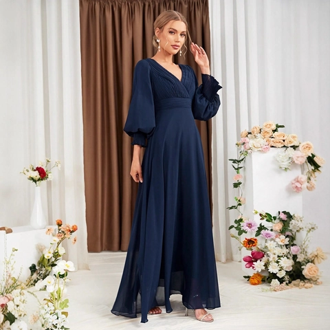 Elegant V Neck Long Lantern Sleeve Maxi Evening Dress Pleated Empire Waist Flowy A Line Wedding Party Gown For Women