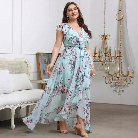 Dames Grote Maten Bloemen V-Hals Ruffle Maxi Jurk Elegant Asymmetrische Zoom Feest Avond Banket Mouwloos Polyester Jurk