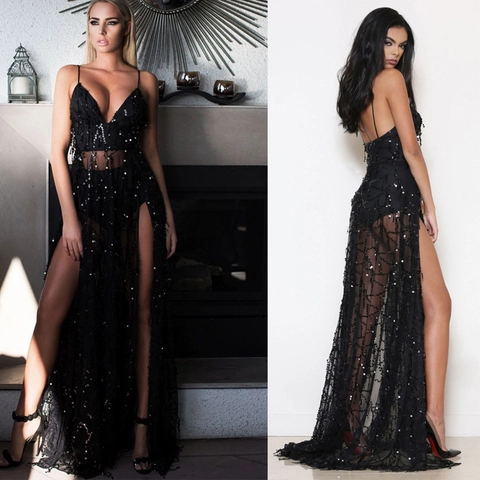 Sexy Vestido de Noche con Lentejuelas para Mujer Tirantes de Espagueti Cuello en V Abertura Alta Malla Transparente Vestido Largo Fiesta Elegante