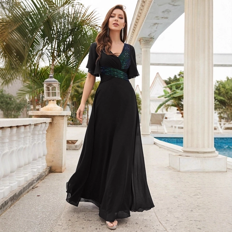 Elegante Abito da Sera Donna Scollo a V con Paillettes Chiffon Maniche con Volant Vita Alta Abito Maxi per Matrimonio Festa Cocktail