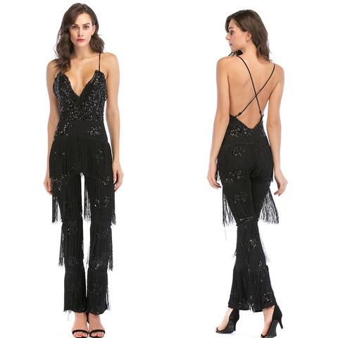Combinaison Femme Sexy à Paillettes et Franges Col en V Profond Dos Nu Tassel pour Fête Soirée Scène Clubwear Pantalon Large Long