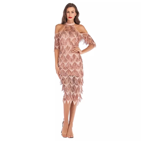 Vestido Sexy de Lentejuelas y Borlas para Mujer Cuello Halter Elegante Patrón Geométrico Flecos Hombros Descubiertos Midi Fiesta Cóctel