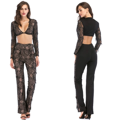 Sexy Schwarz Pailletten Spitze Tiefem V-Ausschnitt Langarm Crop Top Und Hohe Taille Schlaghose Set Damen Party Club Outfits