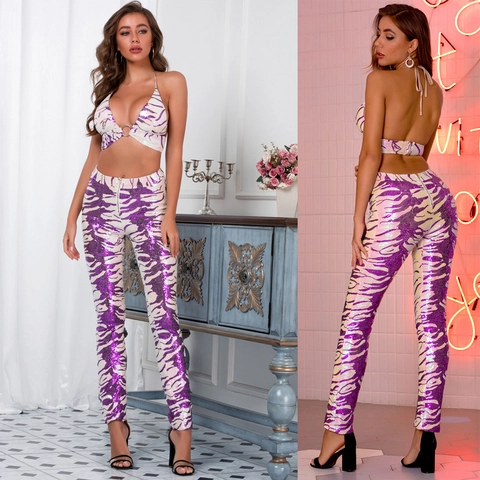 Damen Sexy Pailletten Zweiteiler Set Neckholder Rückenfrei Crop Top Und Hohe Taille Slim Lange Hose Lila Zebramuster Clubwear