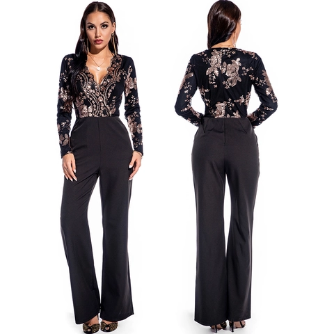 Tuta Donna Sexy Scollo a V Profondo Manica Lunga Patchwork di Paillettes Elegante Vita Alta Gamba Larga Pantaloni Lunghi Festa Sera