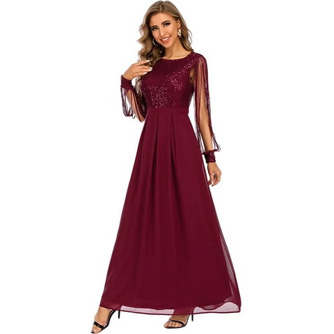 Elegantes Burgunder Pailletten Quasten Langarm Maxikleid Für Damen Sexy Chiffon Patchwork Hohe Taille Abendgesellschaft Banquet Gown