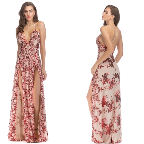 Damen Sexy Pailletten Abendkleid Elegant V-Ausschnitt Rückenfrei Ärmellos Maxi Kleid Für Bankett Hochzeit Party