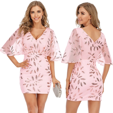 Damen Sexy V Ausschnitt Pailletten Mini Kleid Mit Schmetterlingsärmel Rückenfrei Elegant Rosa Blattmuster Abendparty Cocktailkleid