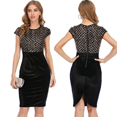 Damen Sexy Pailletten Mesh Patchwork Etuikleid Rundhals Elegant Samt-Optik Abendkleid Für Party Club Hochzeit
